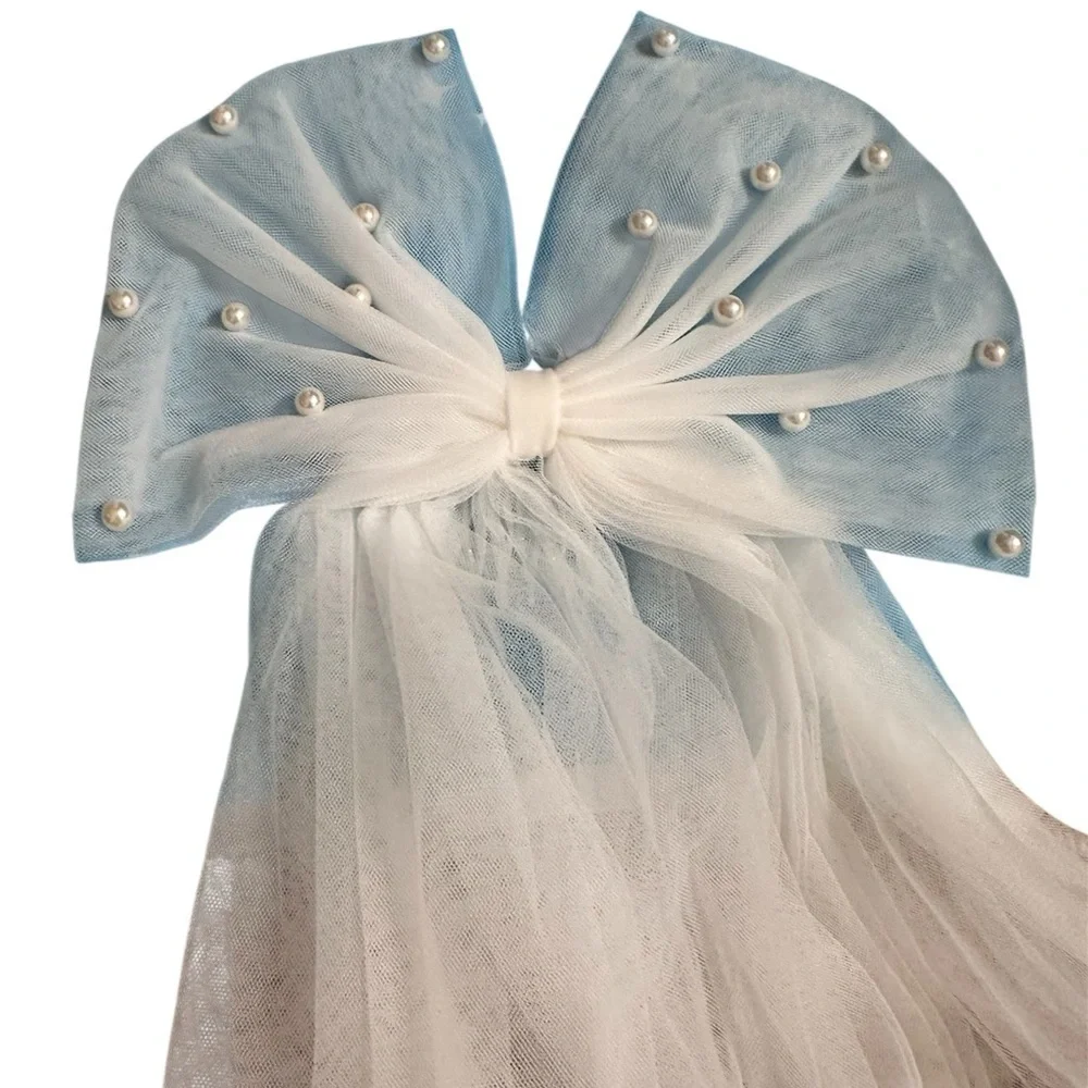 Elegant White Hair Bow with Veil studded with Pearls white shorter length